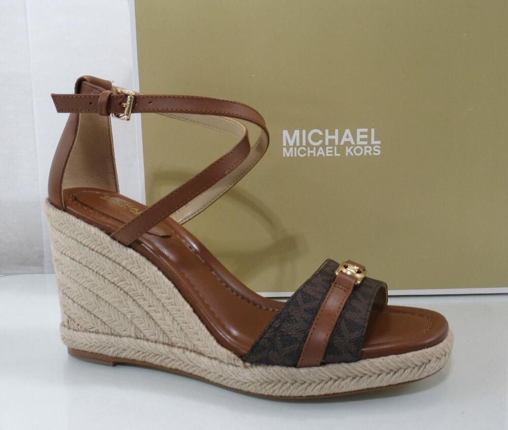 Michael Kors Size 7.5 Mandy Espadrille Wedge Heels Sandals MK Logo Brown Luggage